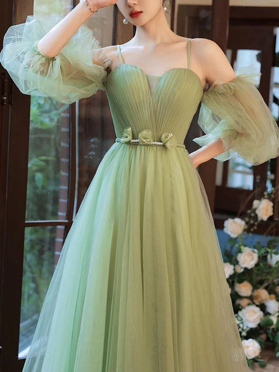 Simple A line Green Long Prom Dress, Green Tulle Bridesmaid Dress - Deanwangkt