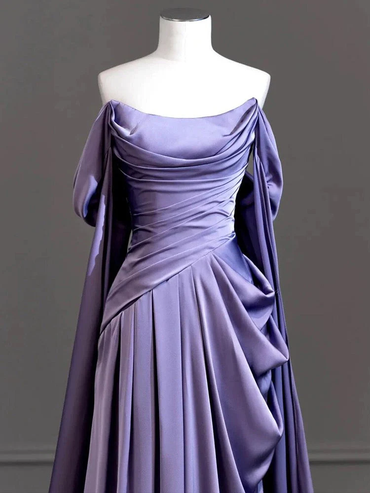 A-Line Off Shoulder Satin Purple Long Prom Dress, Purple Long Formal Dress - Deanwangkt