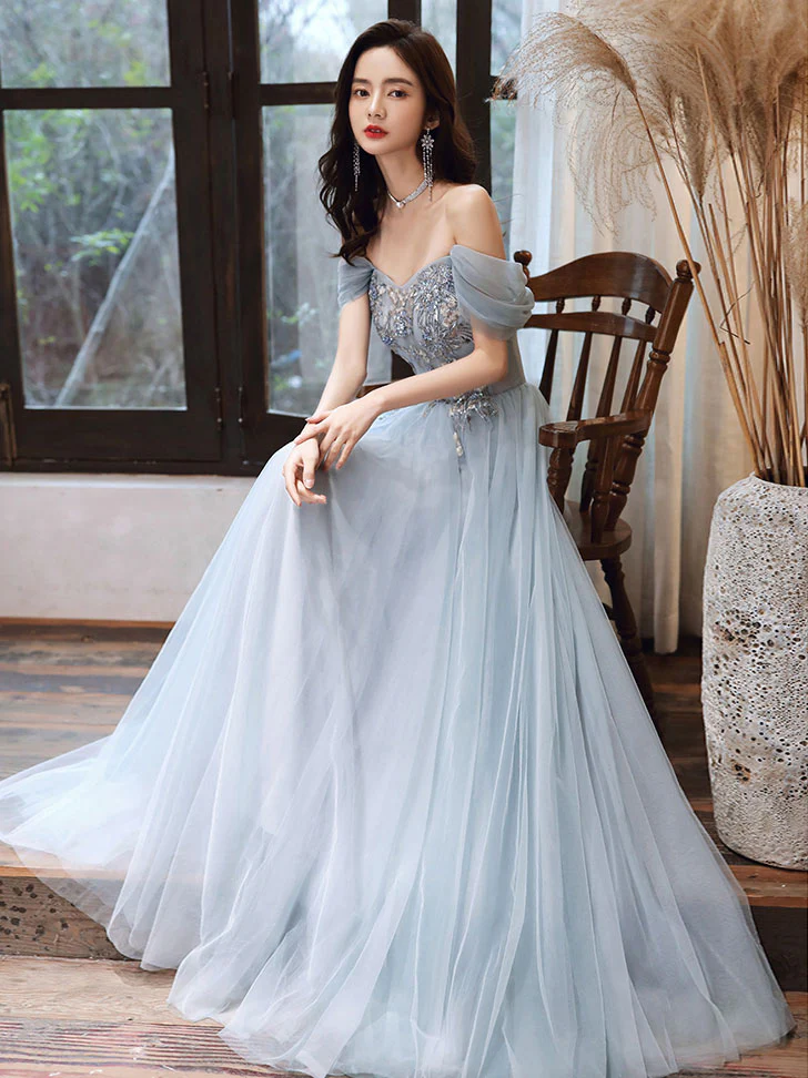 Blue Tulle Off Shoulder Tulle Lace Long Prom Dress, Blue Formal Dress - Deanwangkt