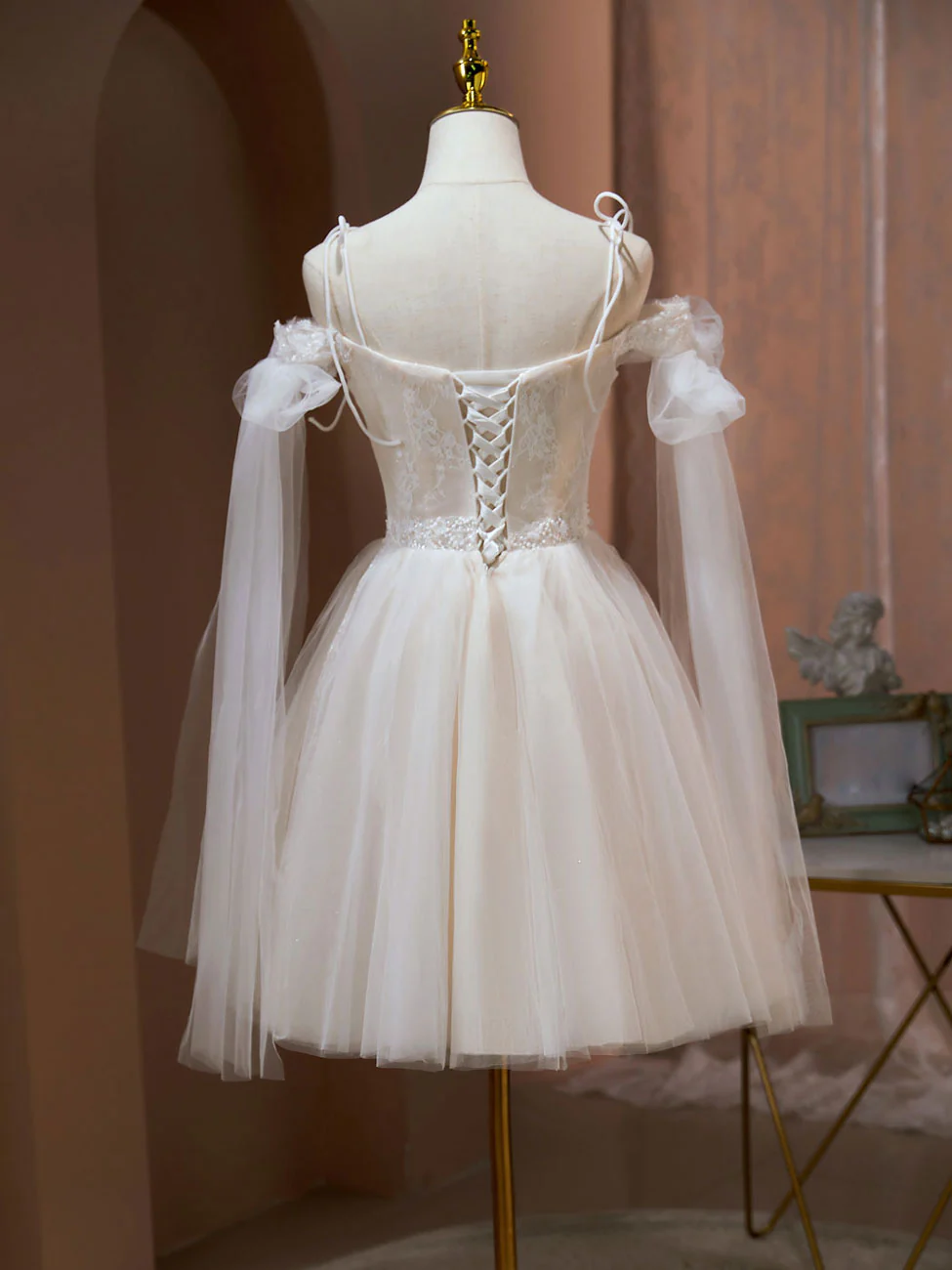 A Line Tulle Short Champagne Prom Dresses, Off Shoulder Lace Puffy Homecoming Dresses - Deanwangkt