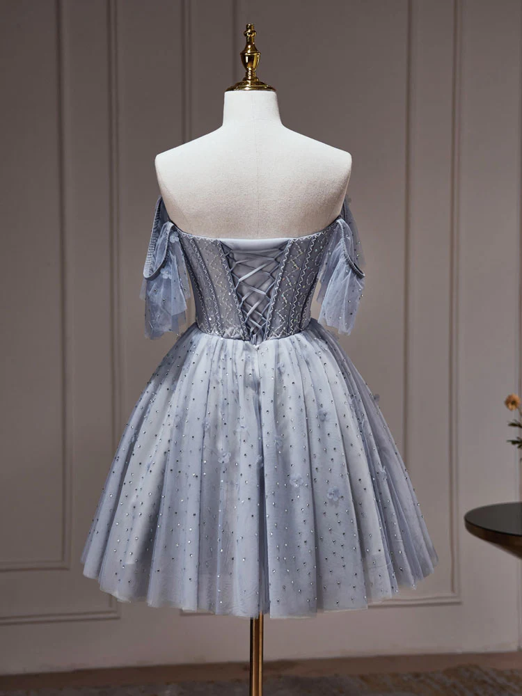 A-Line Gray Blue Tulle Short Prom Dress. Cute Gray Blue Homecoming Dress - Deanwangkt