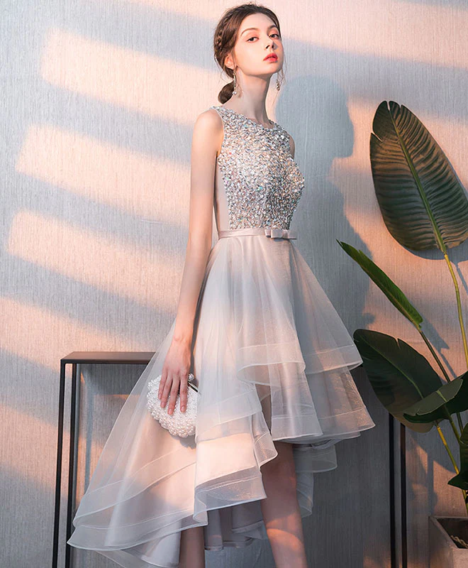Gray Tulle Sequin Tulle Short Prom Dress, Gray Tulle Evening Dress - Deanwangkt