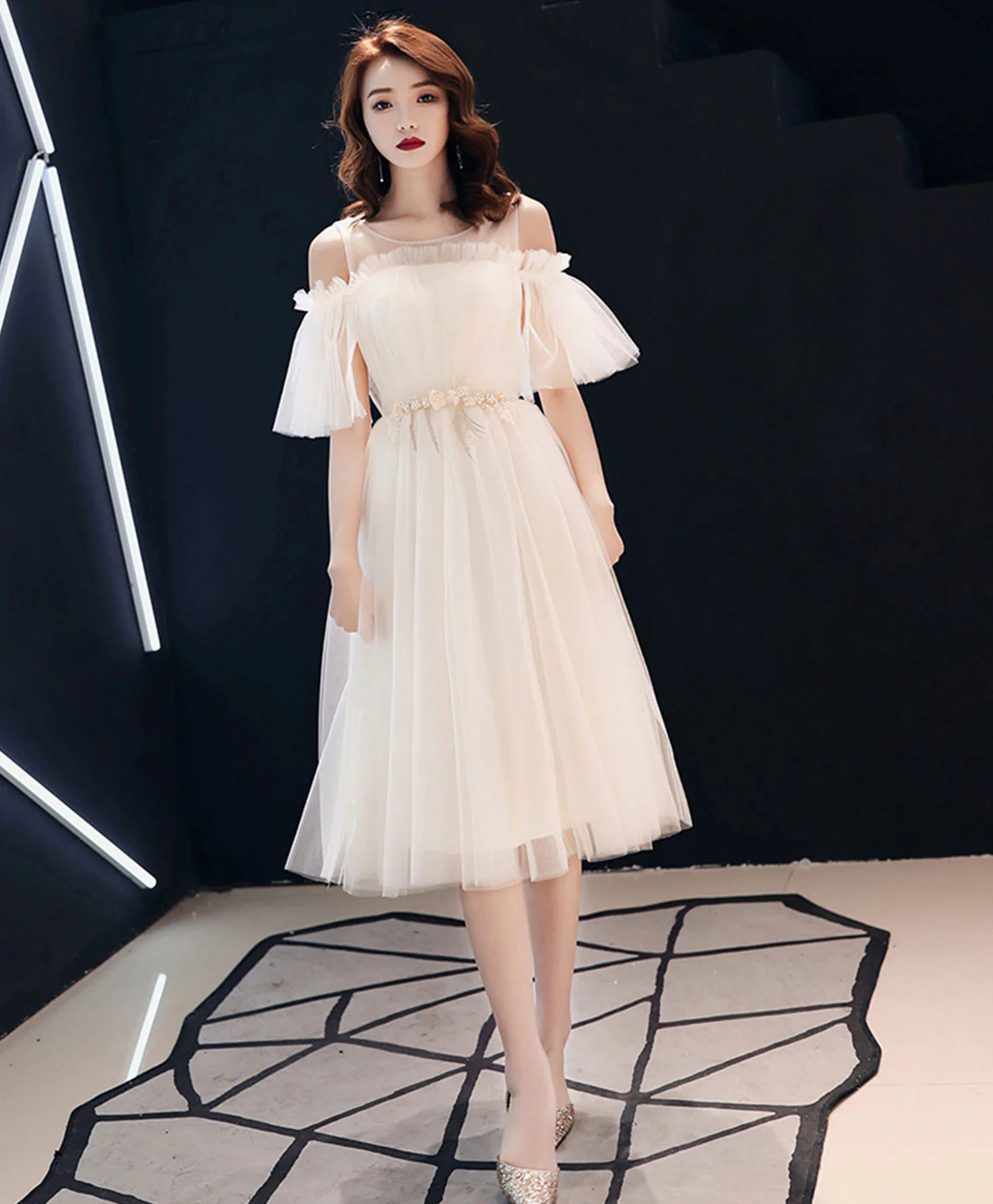 Light Champagne Tulle Short Prom Dress, Champagne Tulle Homecoming Dress - Deanwangkt