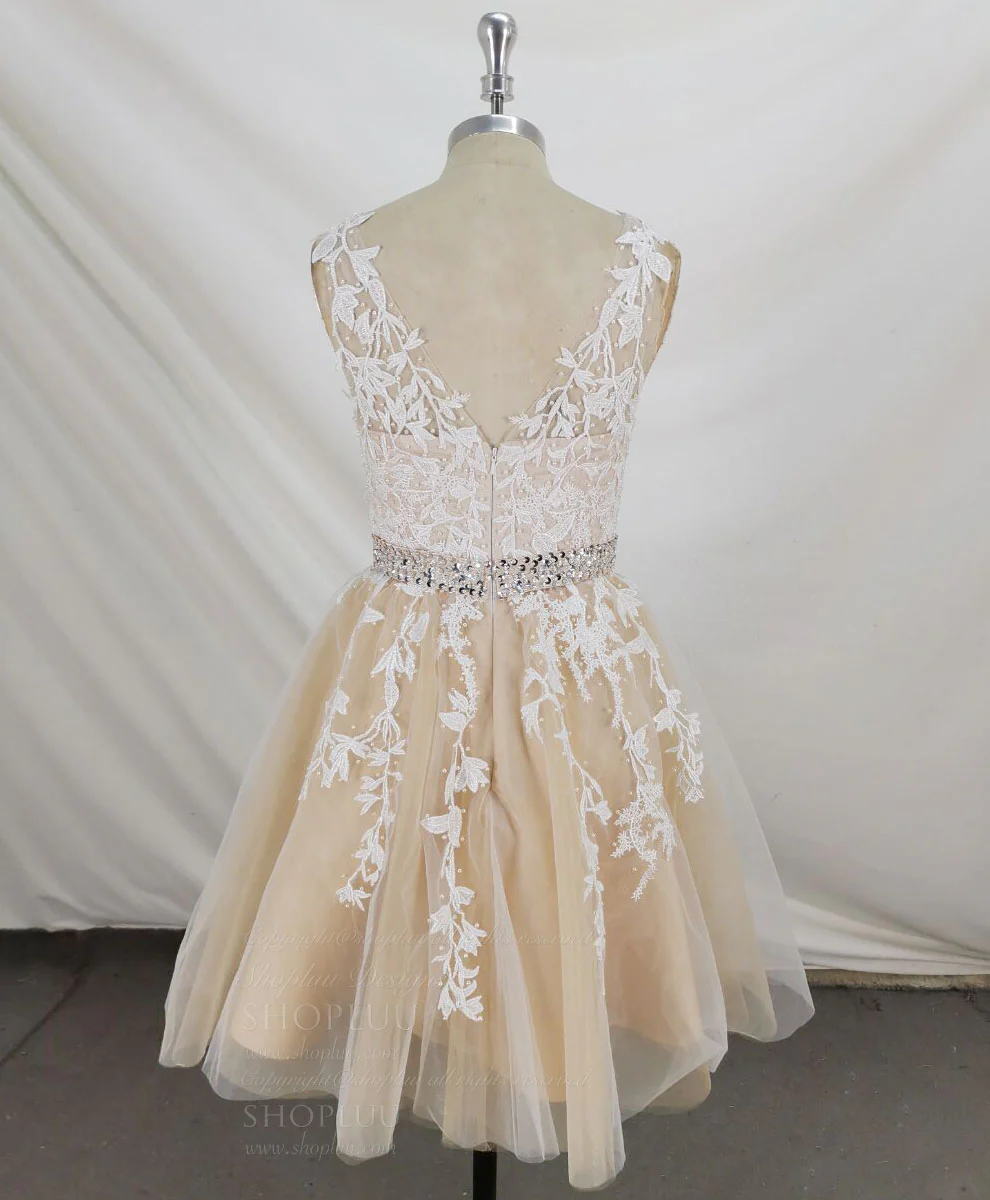 Champagne V Neck Tulle Lace Short Prom Dress Champagne Homecoming Dress - Deanwangkt
