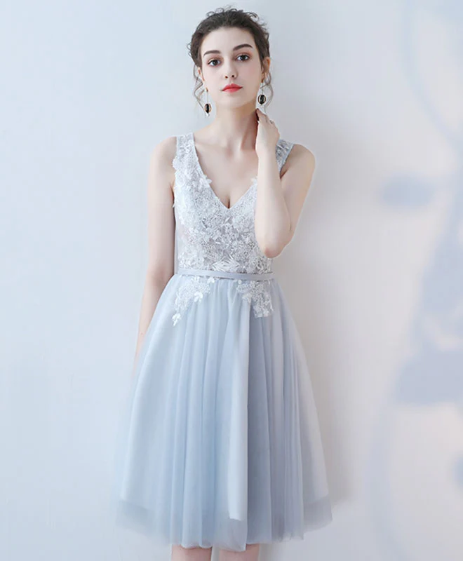 Cute V Neck Lace Tulle Short Prom Dress, Homecoming Dress - Deanwangkt