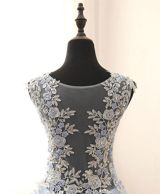 Unique Round Neck Tulle Lace Long Prom Dress, Long Evening Dress - Deanwangkt