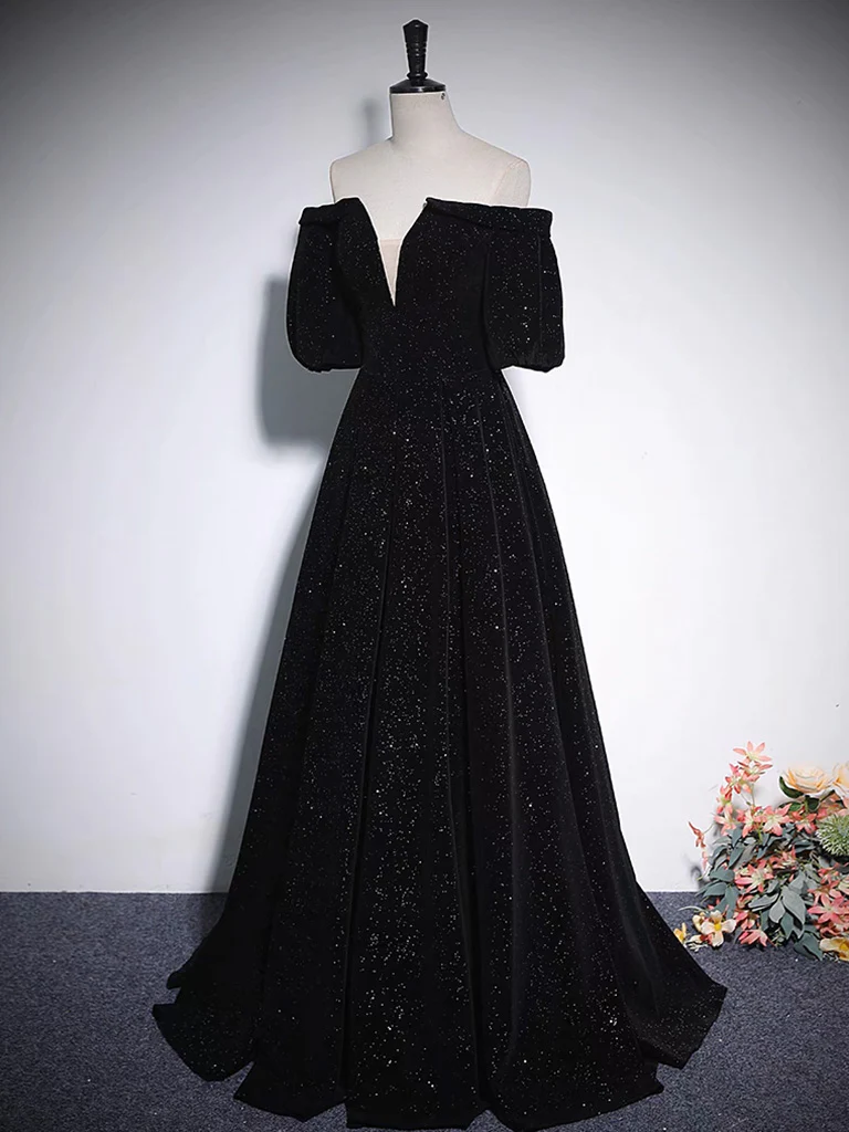 A-Line V Neck Velvet Black Long Prom Dress, Black Formal Evening Dress - Deanwangkt