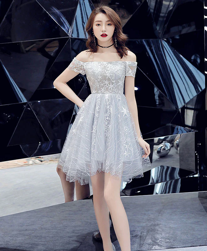 Gray Tulle Lace Off Shoulder Short Prom Dress, Gray Tulle Evening Dress - Deanwangkt