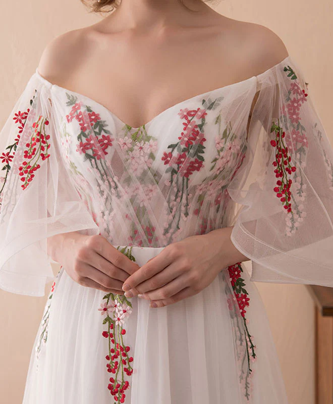 White V Neck Tulle Lace Long Prom Dress, White Evening Dress - Deanwangkt