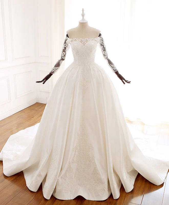 White Lace Satin Long Wedding Dress, Lace Satin Long Bridal Gown - Deanwangkt