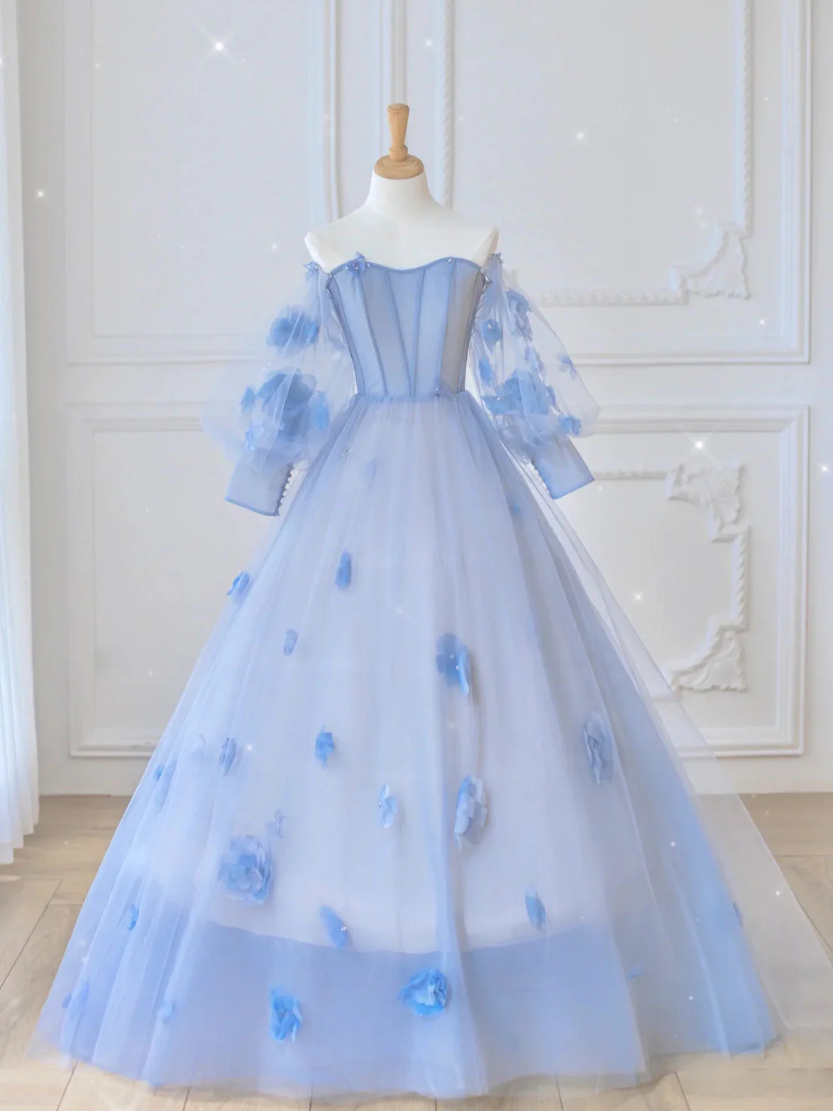 Blue Sweetheart Tulle 3D Flower Long Prom Dress, Blue Evening Dress - Deanwangkt