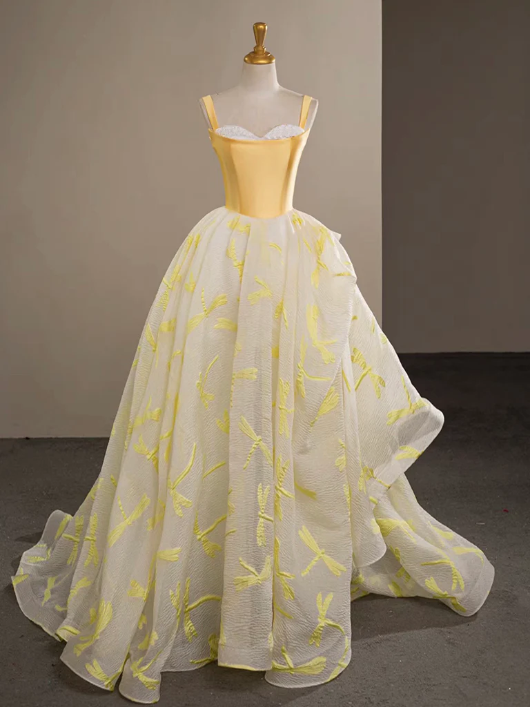 A-Line Satin Tulle Yellow Long Prom Dress, Yellow Graduation Dress - Deanwangkt