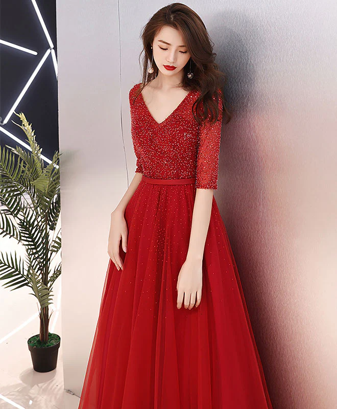 Burgundy Tulle Beads Long Prom Dress, Burgundy Tulle Evening Dress - Deanwangkt