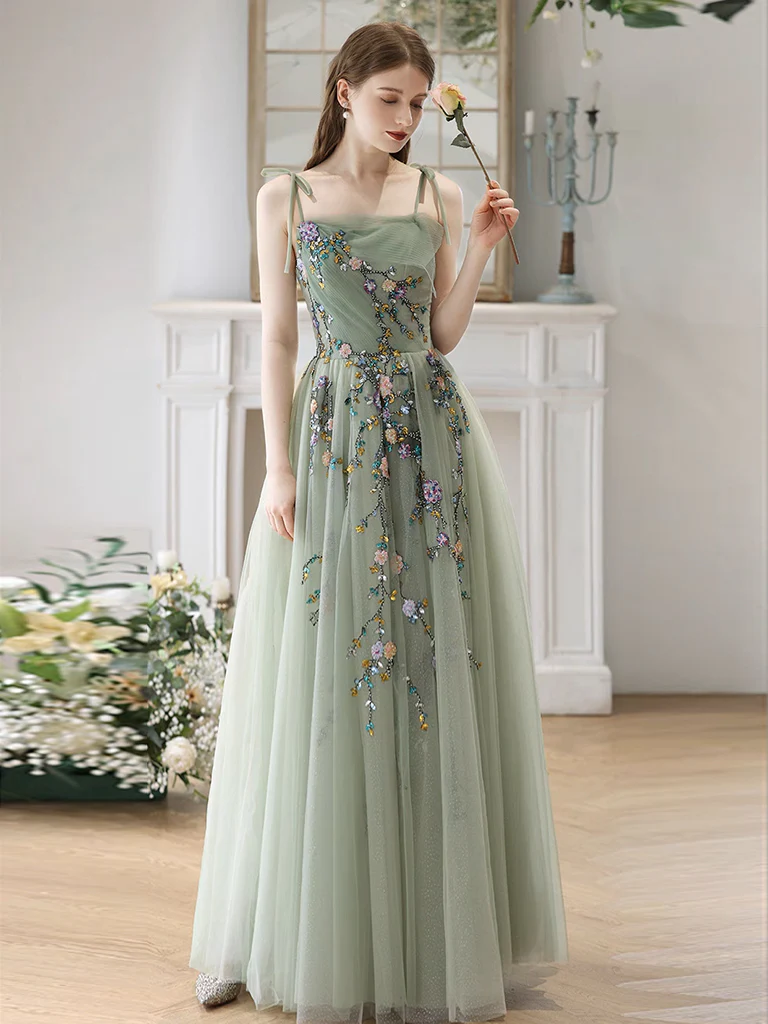 A-Line Tulle Sequin Lace Green Long Prom Dress, Green Long Formal Dress - Deanwangkt