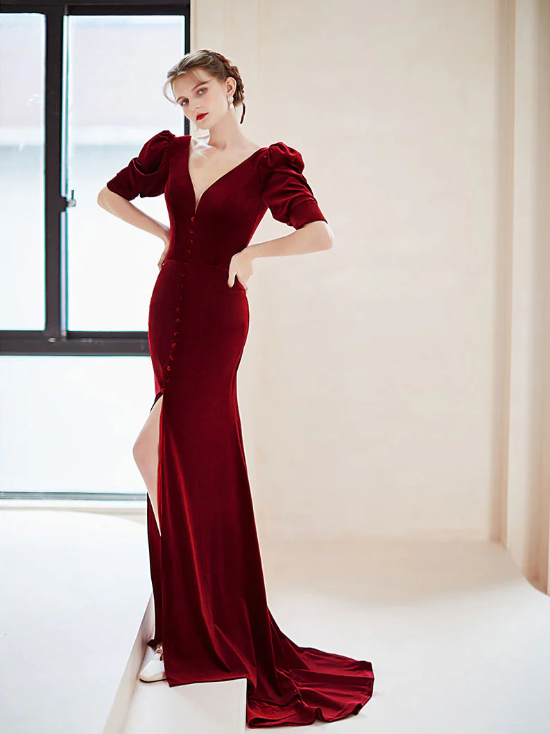Burgundy velvet  mermaid long prom dress, burgundy evening dress - Deanwangkt