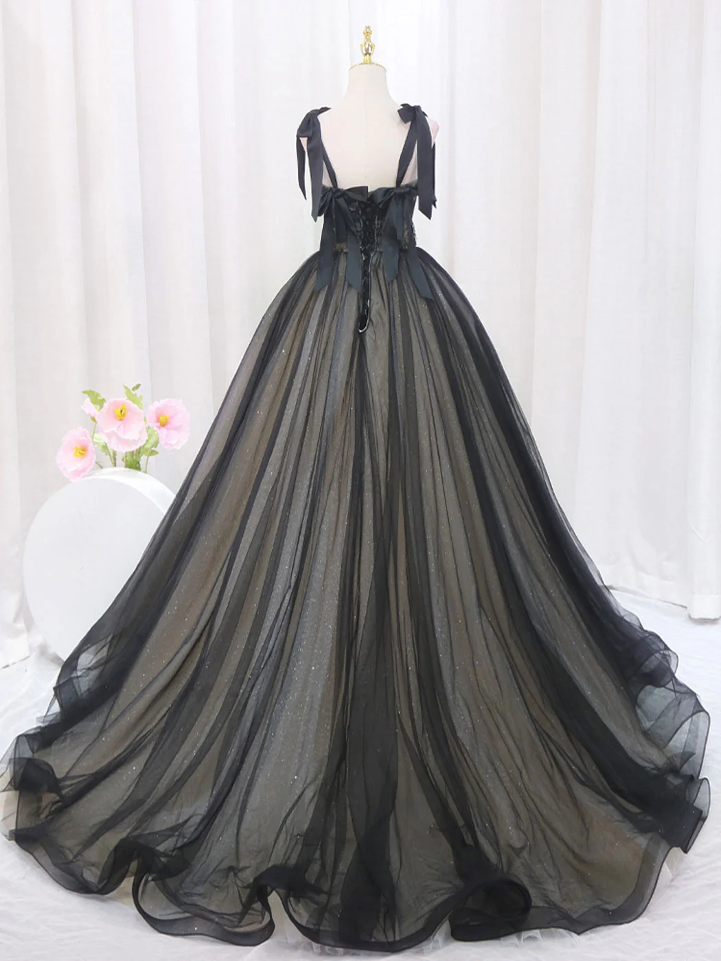 Black A-Line Tulle Long Prom Dresses, Black Tulle Formal Evening Dress - Deanwangkt