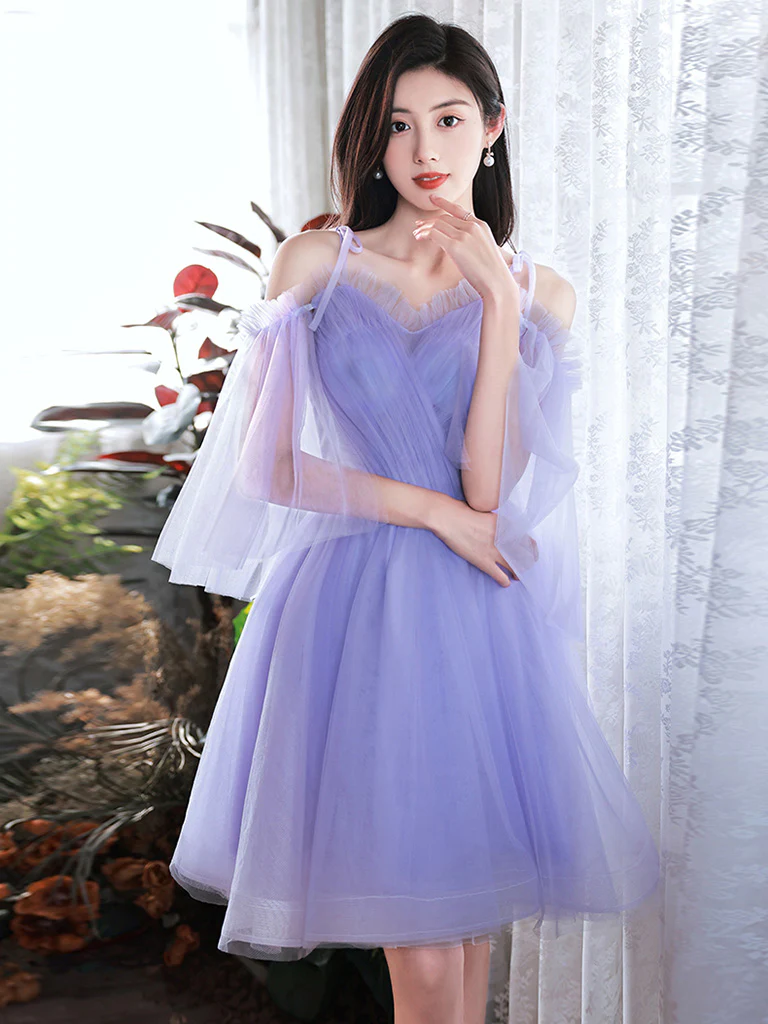 A-Line Purple V Neck Tulle Short Prom Dress, Purple Homecoming Dress - Deanwangkt
