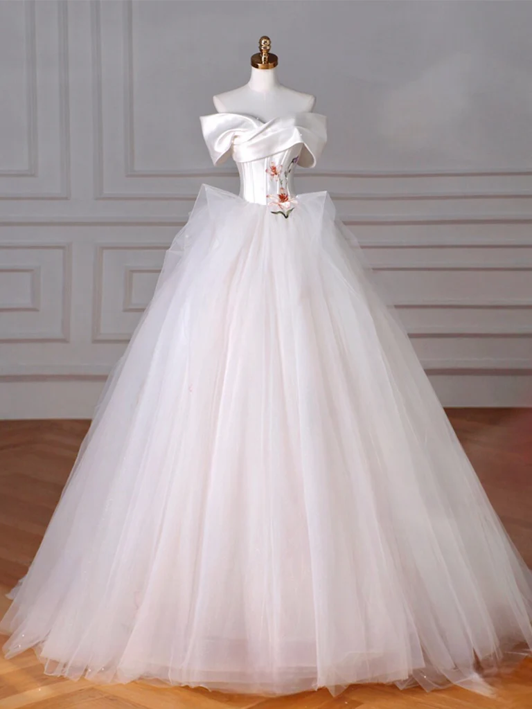A-Line Off Shoulder Tulle Beige Long Prom Dress, Beige Tulle Long Formal Dress - Deanwangkt