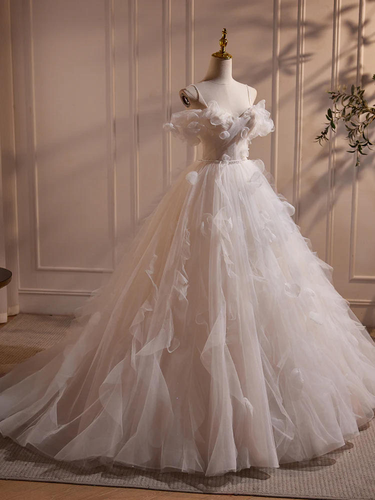 A-Line Off Shoulder White Long Prom Dress, White Long Tulle Sweet 16 Dress - Deanwangkt