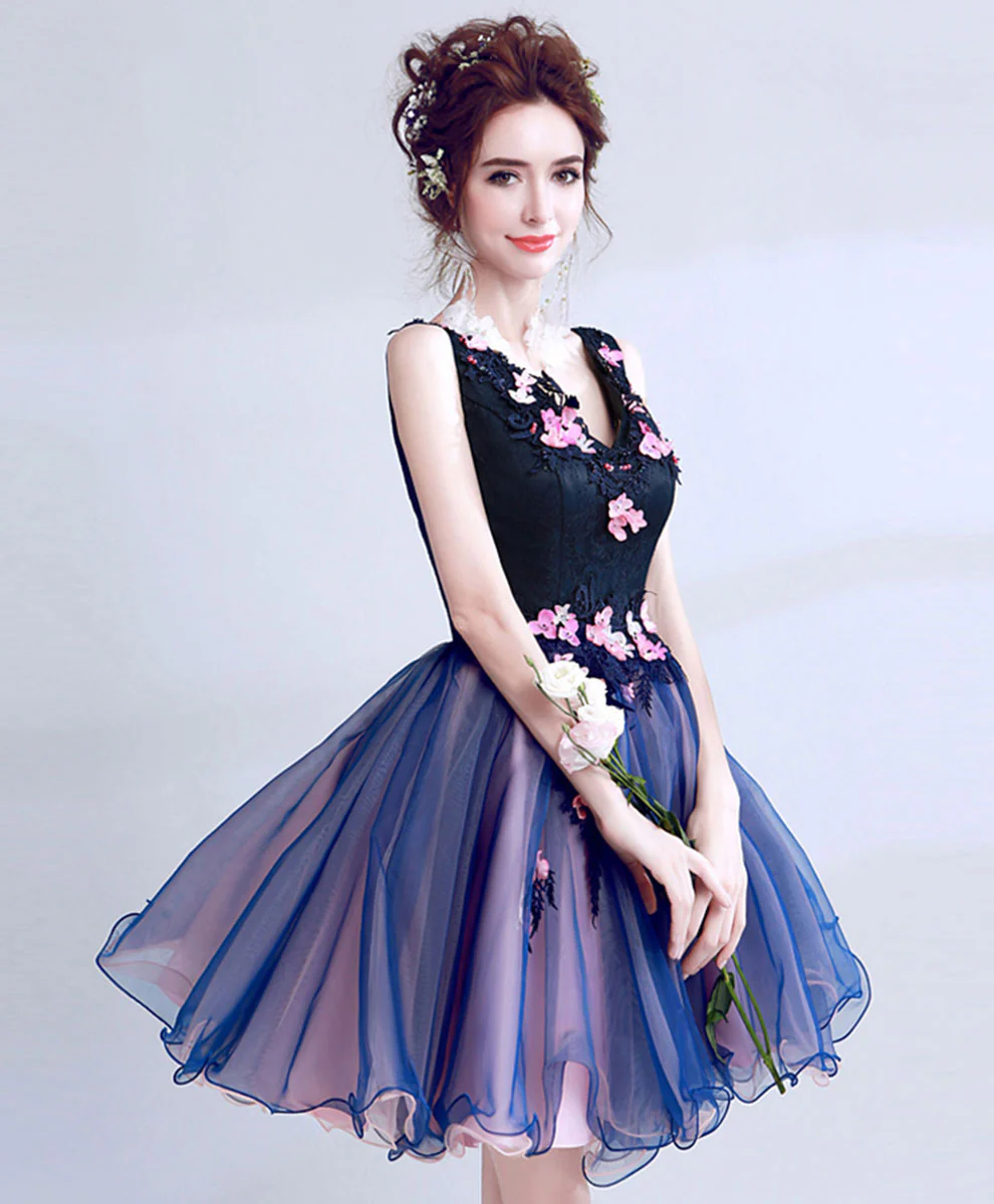 Dark Blue Lace Tulle Short Prom Dress, Puffy Blue Short Homecoming Dress - Deanwangkt