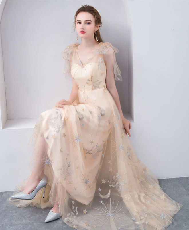 Champagne Tulle Long Prom Dress, Champagne Evening Dress - Deanwangkt