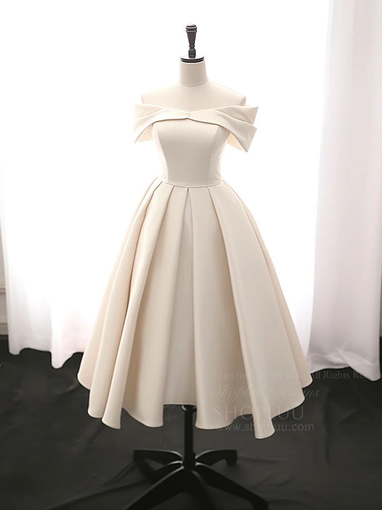 A-Line Off Shoulder Satin Tea Length Blue Prom Dress, Blue Formal Dress - Deanwangkt