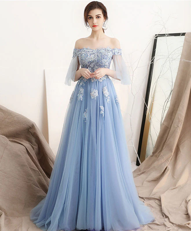 Unique Blue Off Shoulder Tulle Long Prom Dress, Blue Evening Dress - Deanwangkt