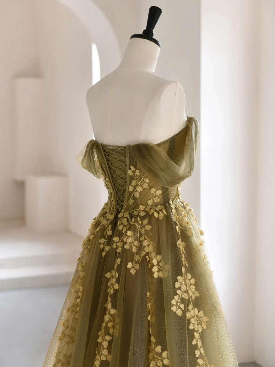A-Line Off Shoulder Tulle Lace Long Prom Dress, Green Tulle Formal Evening Dress - Deanwangkt