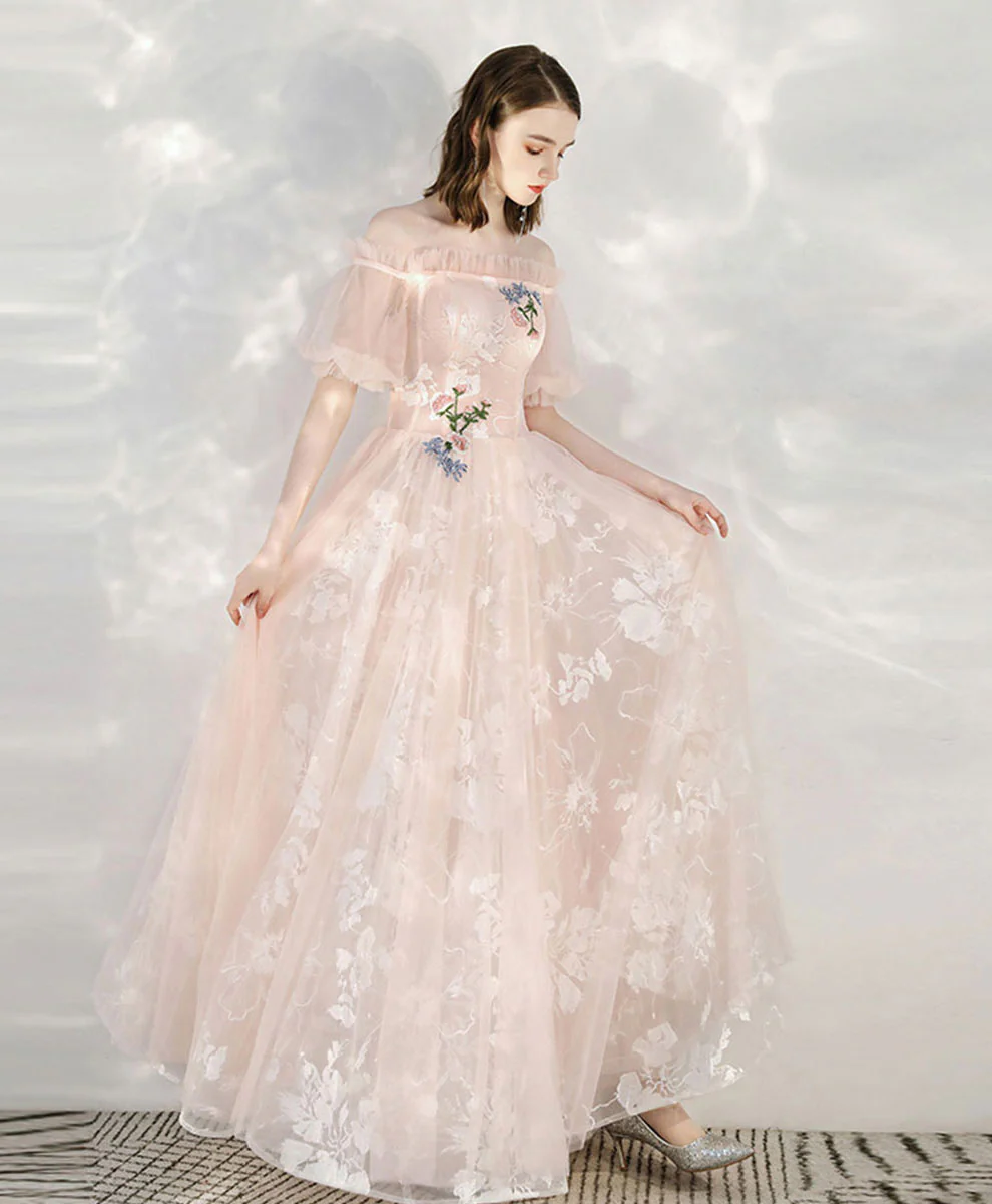 Pink Tulle Lace Off Shoulder Long Prom Dress Tulle Lace Evening Dress - Deanwangkt