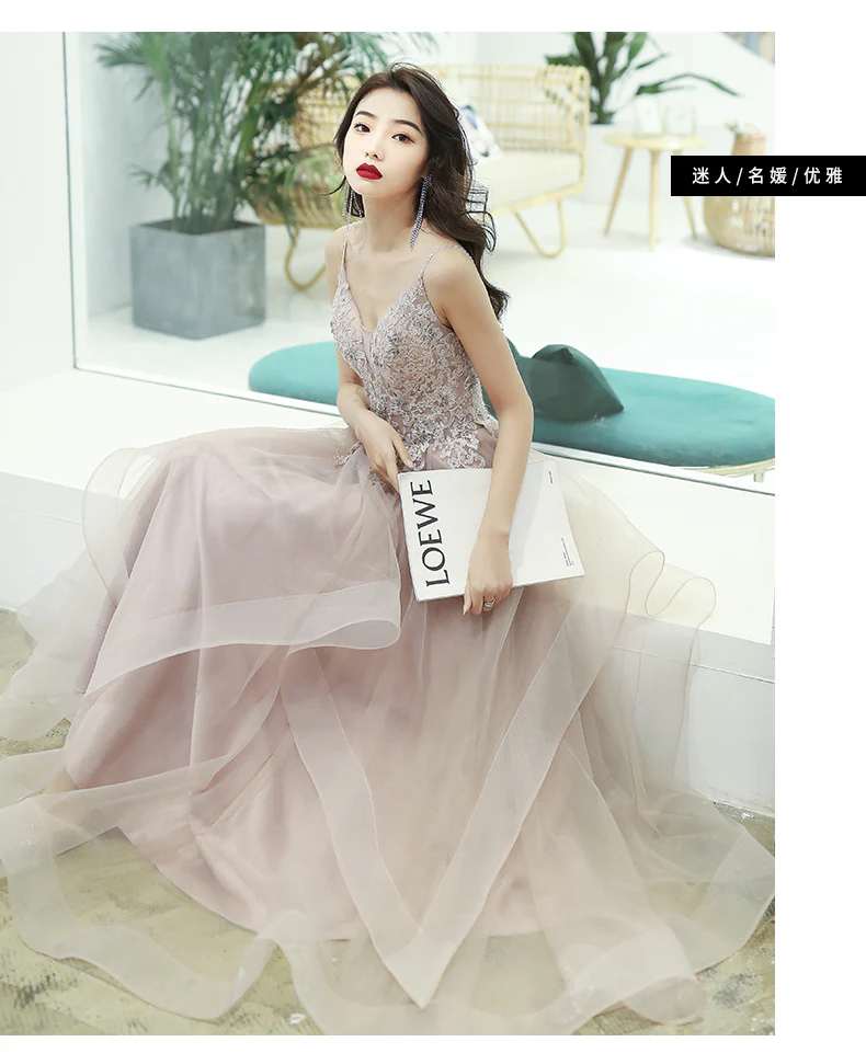 A-Line V Neck Pink Long Prom Dress, Pink Formal Graduation Dress with Lace Beading - Deanwangkt