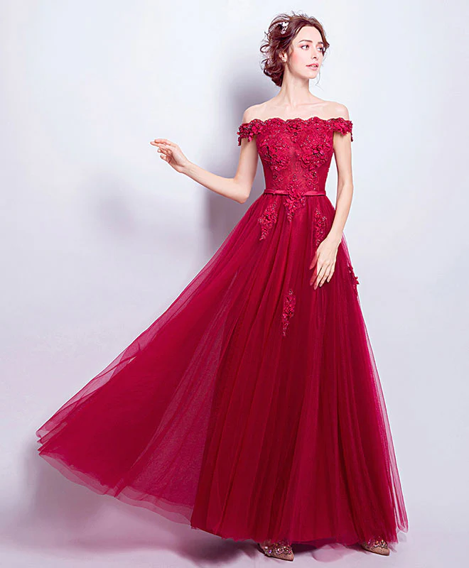 Burgundy Tulle Lace Applique Long Prom Dress, Burgundy Bridesmaid Dress - Deanwangkt