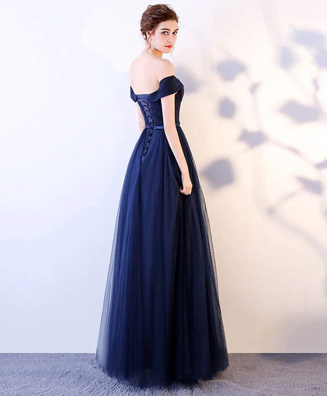 Dark Blue Long Prom Dress, Blue Tulle Bridesmaid Dresses - Deanwangkt