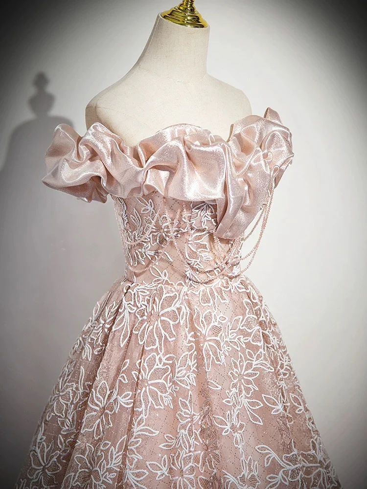 A-Line Off Shoulder Tulle Lace Pink Long Prom Dress, Pink Long Formal Dress - Deanwangkt