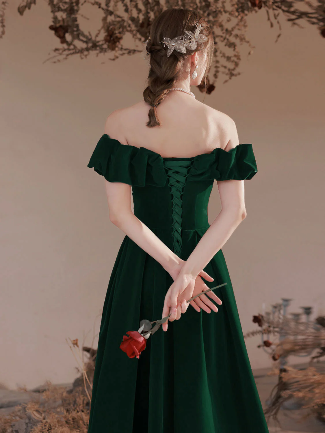 A-Line Off Shoulder Velvet Green Long Prom Dress, Green Formal Evening Dress - Deanwangkt