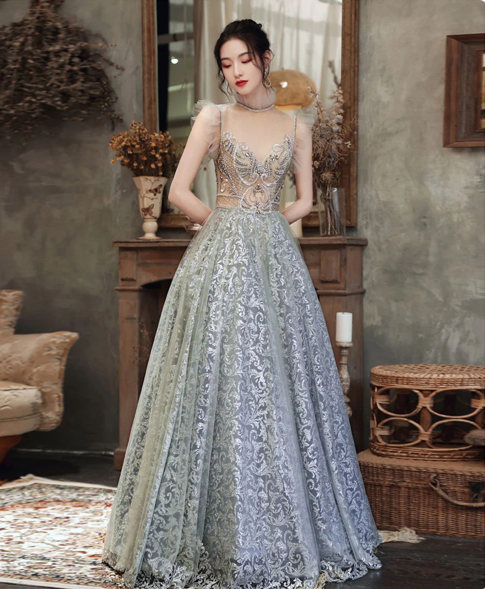 High Neck Tulle Gray Long Prom Dress, Gray Formal Evening Dress with Beading - Deanwangkt