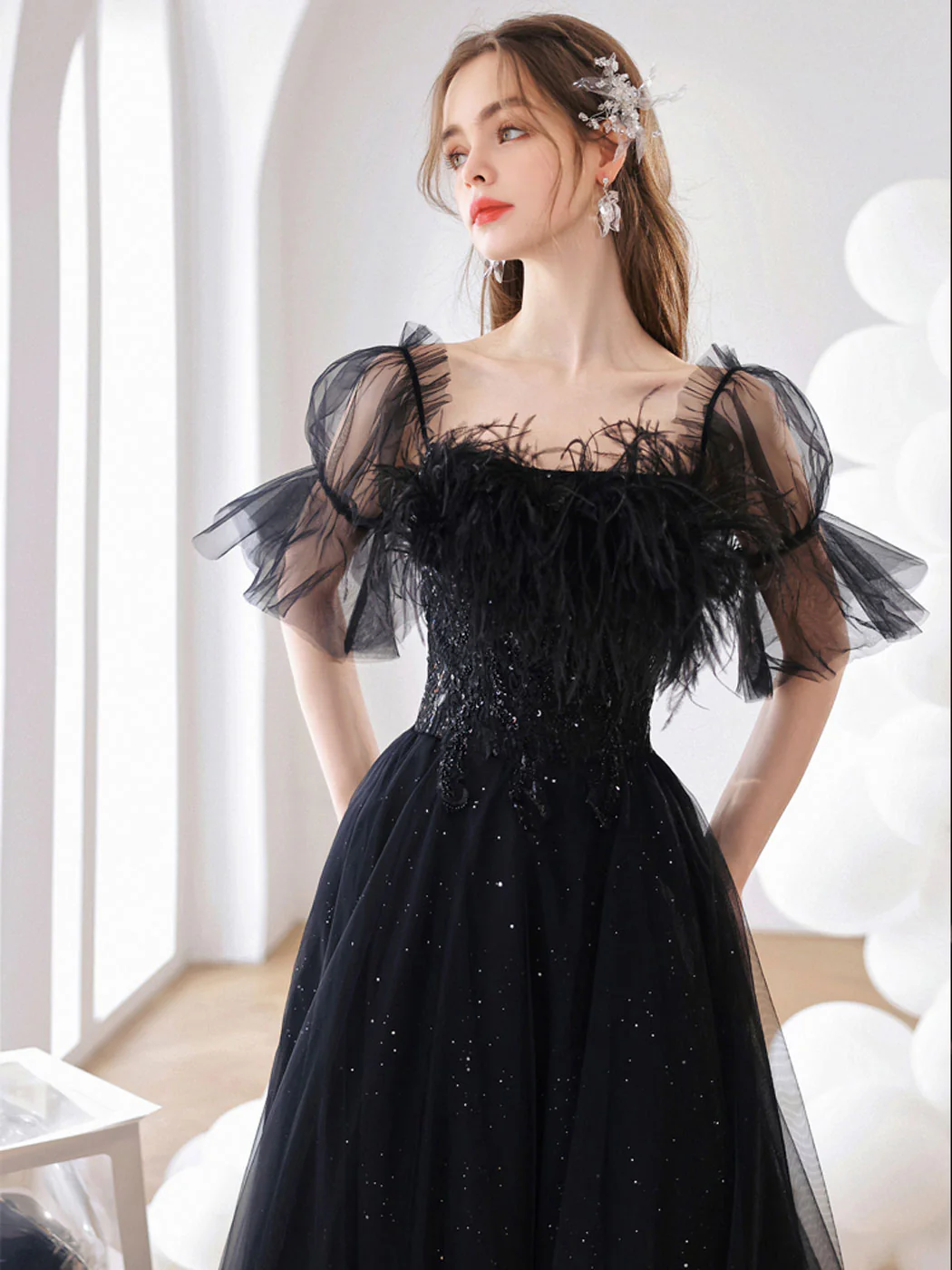 Black A line Tulle Long Prom Dress Black Tulle Formal Evening Dresses - Deanwangkt