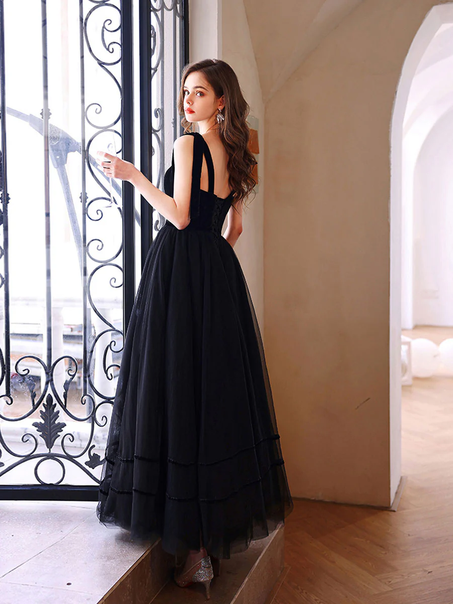 Black Sweetheart Tulle Long Prom Dress, Black Tulle Formal Graduation Dresses - Deanwangkt