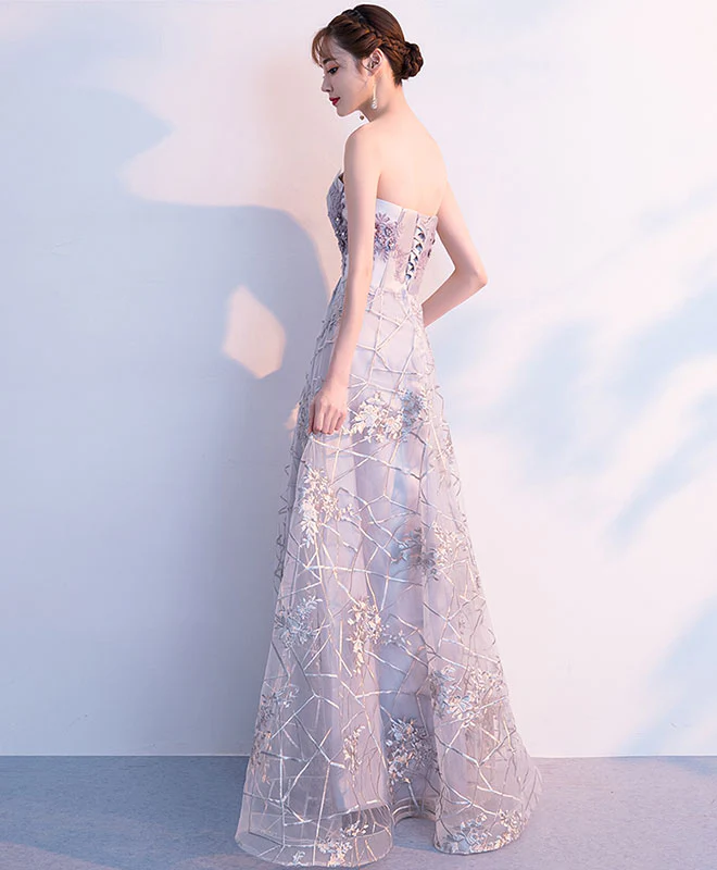 Gray Tulle Lace Long Prom Dress, Gray Tulle Evening Dress - Deanwangkt