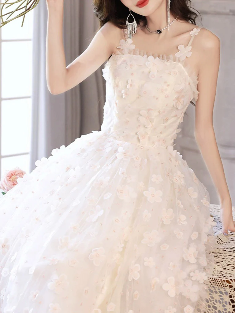 White A-Line Tulle Flower Long Prom Dress, White Formal Evening Dress - Deanwangkt