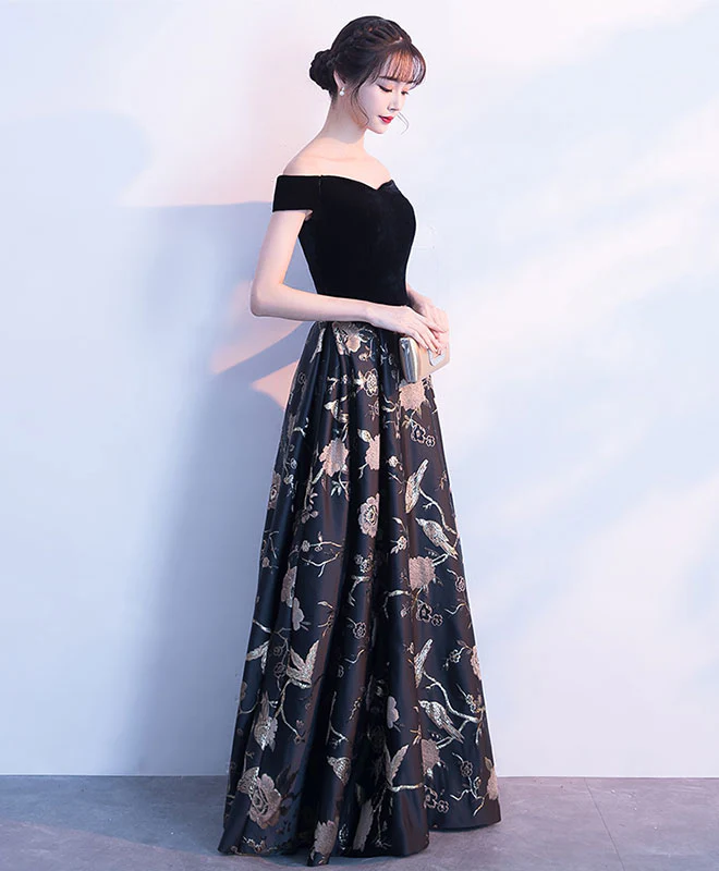 Black Off Shoulder Floral Pattern Long Prom Dress, Evening Dress - Deanwangkt