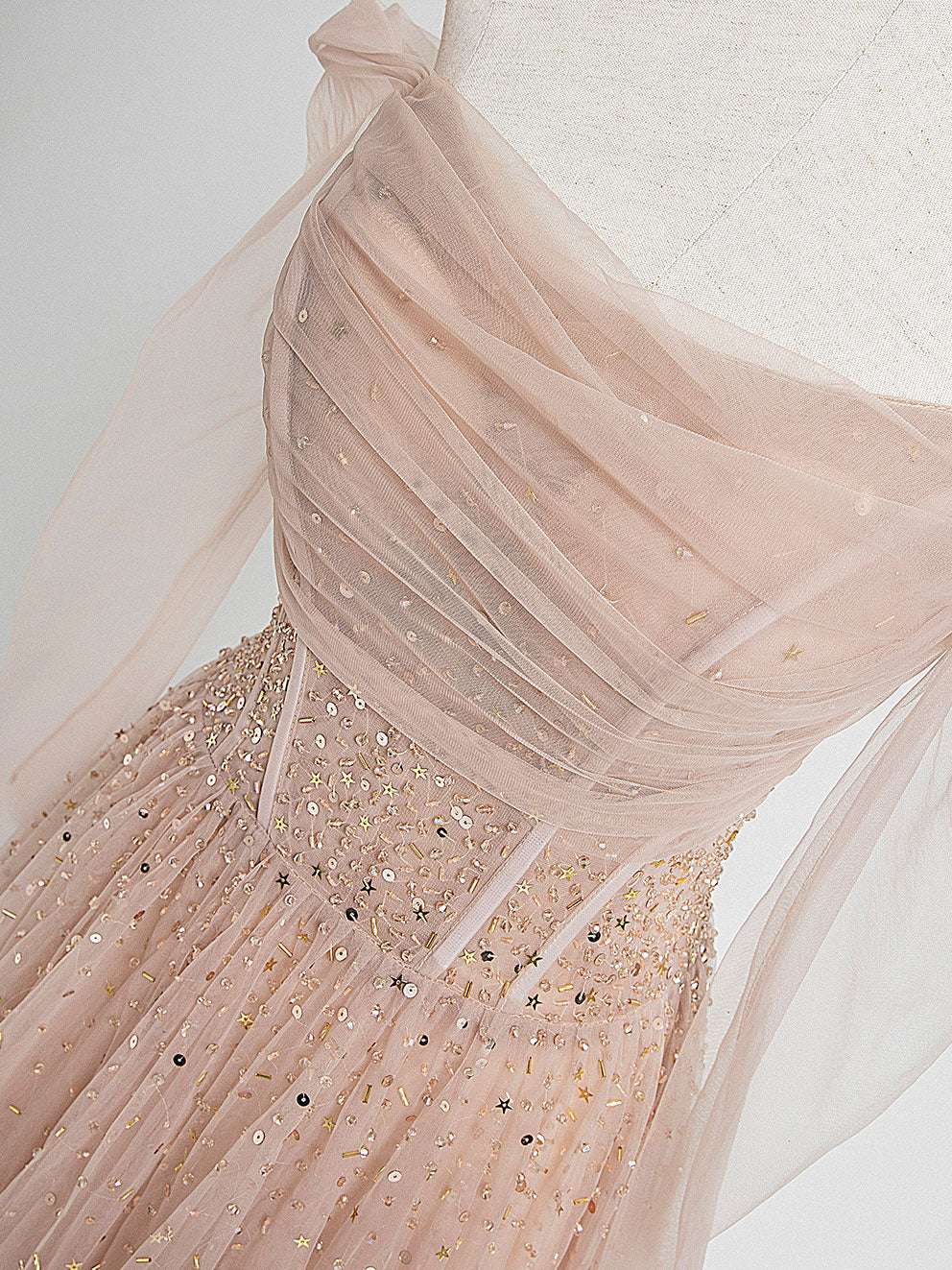 Champagne Pink Tulle Beads Long Prom Dress Champagne Evening Dress - Deanwangkt