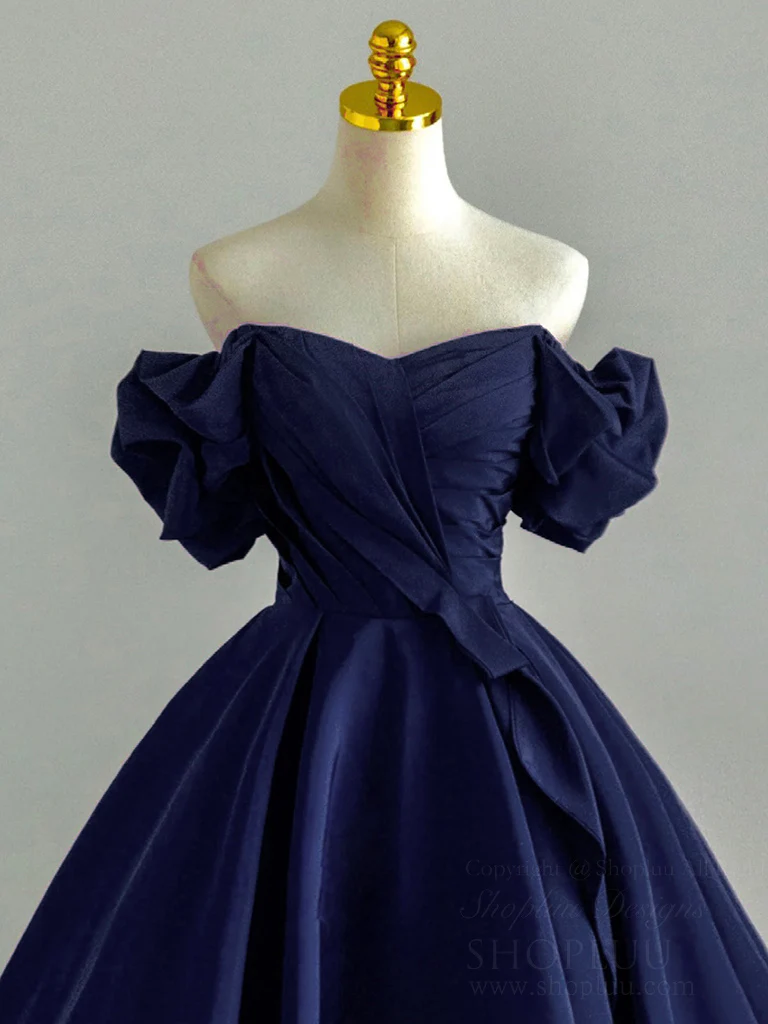 A-Line Off Shoulder Satin Dark Blue Long Prom Dress, Dark Blue Long Formal Dress - Deanwangkt