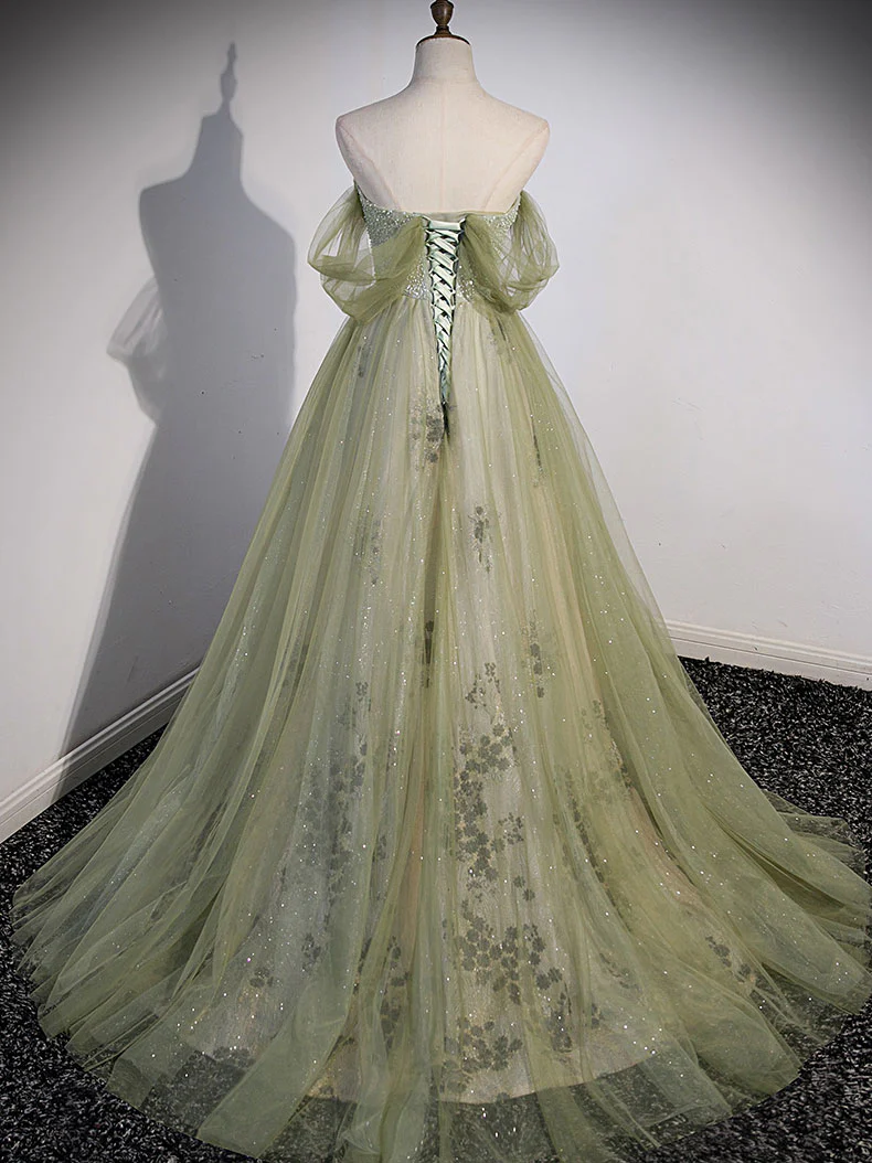 A Line Green Tulle Long Prom Dress, Green Formal Evening Dress with Beading - Deanwangkt