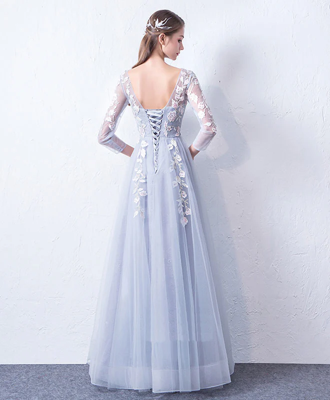 Gray Blue Cute Round Neck Lace Applique Tulle Long Prom Dress, Evening Dress - Deanwangkt