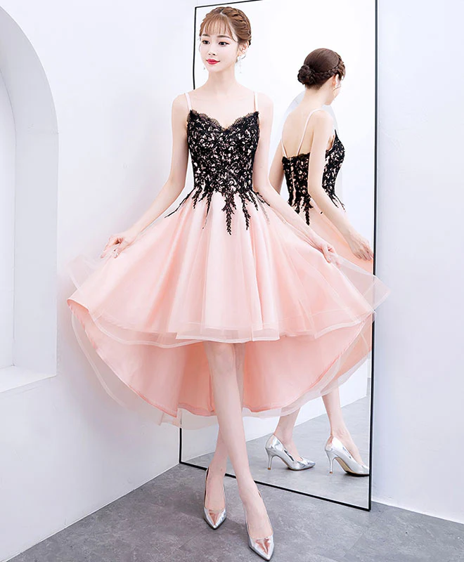 Pink V Neck Tulle Lace Short Prom Dress, Pink Homecoming Dress - Deanwangkt
