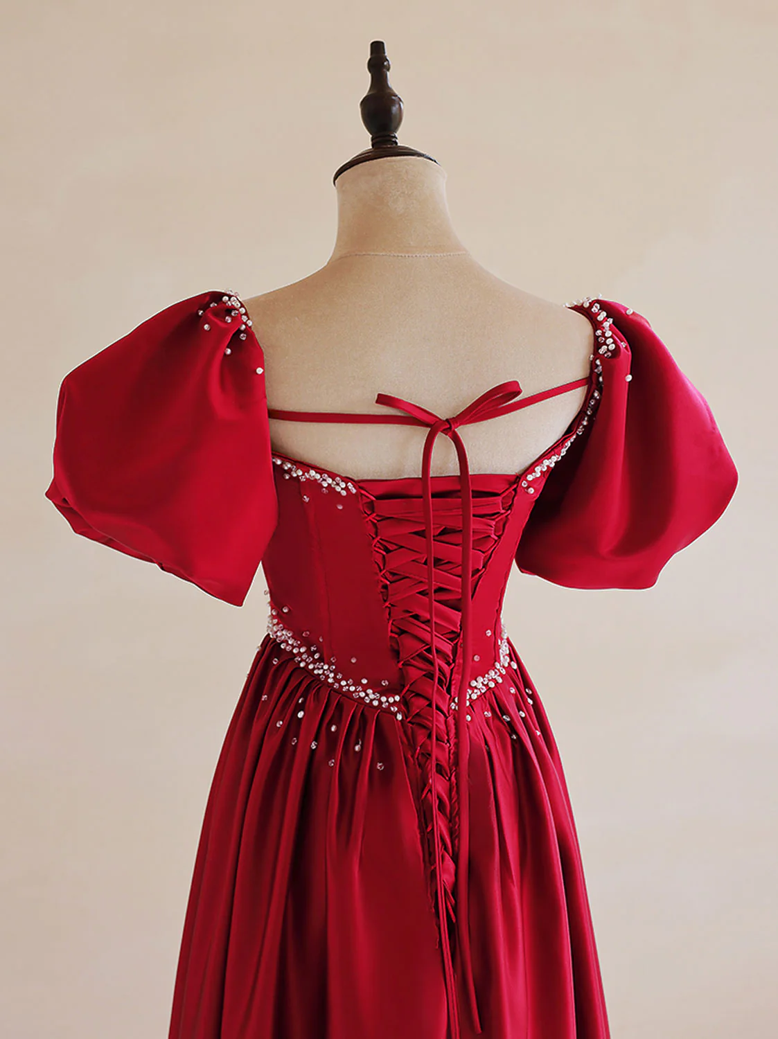 A-Line Burgundy Satin Puff Sleeves Long Prom Dress, Burgundy Formal Evening Dress - Deanwangkt