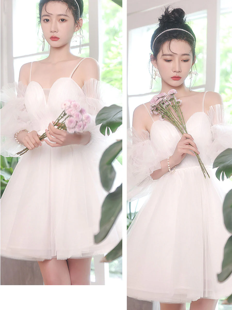 White Sweetheart Neck Tulle Short Prom Dress, Cute White Homecoming Dresses - Deanwangkt