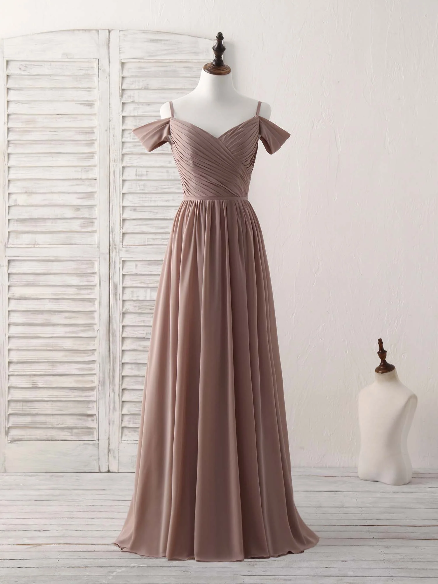 Simple V Neck Dark Champagne Chiffon Long Prom Dress, Bridesmaid Dress - Deanwangkt