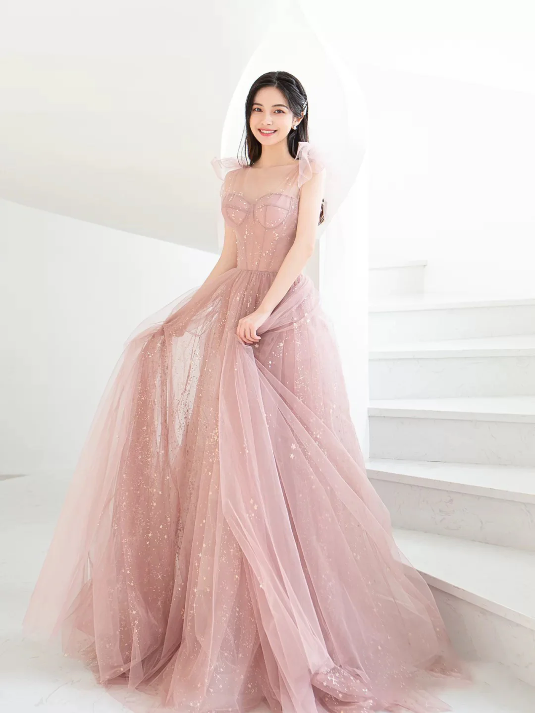 Simple Pink A Line Tulle Long Prom Dress, Pink Tulle Formal Dress - Deanwangkt