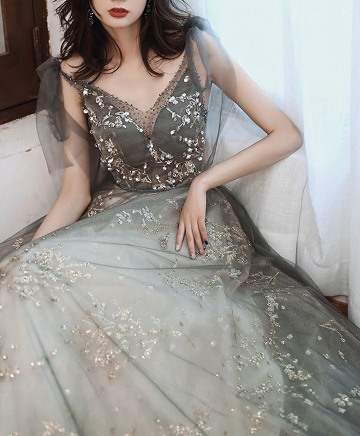 Gray V Neck Tulle Lace Sequin Long Prom Dress Gray Tulle Formal Dress - Deanwangkt